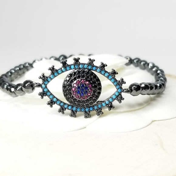 Pave Color CZ Evil Eye Hematite Bracelet NEW - Picture 2 of 7